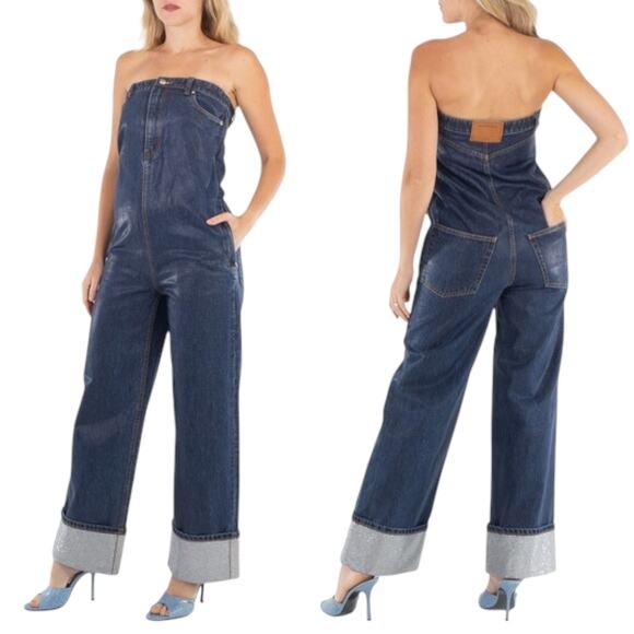 Alexander Wang Crystal Embellished Waxed Denim Strapless Jumpsuit - Picture 6 of 16